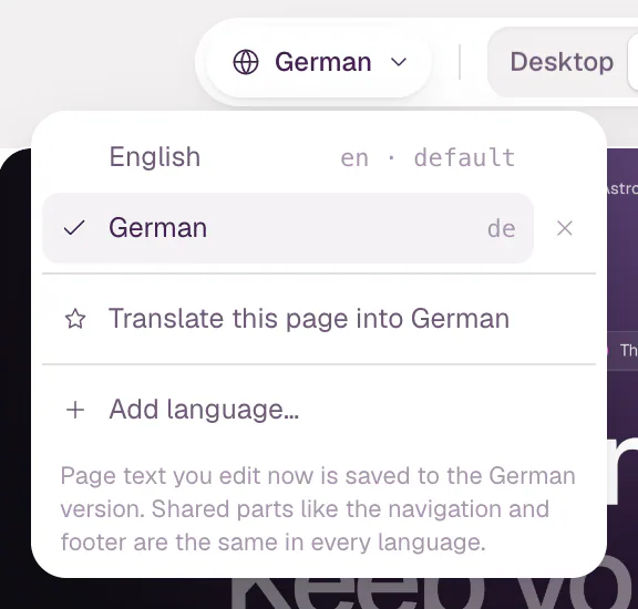 The language menu open under the German chip: English marked as the default, German with a remove button, Translate this page into German, and Add language….