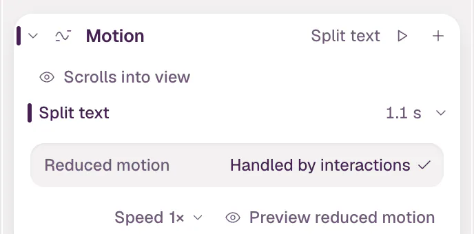 The Motion section of the selected headline with its Split text interaction; the play button in the section header is outlined.