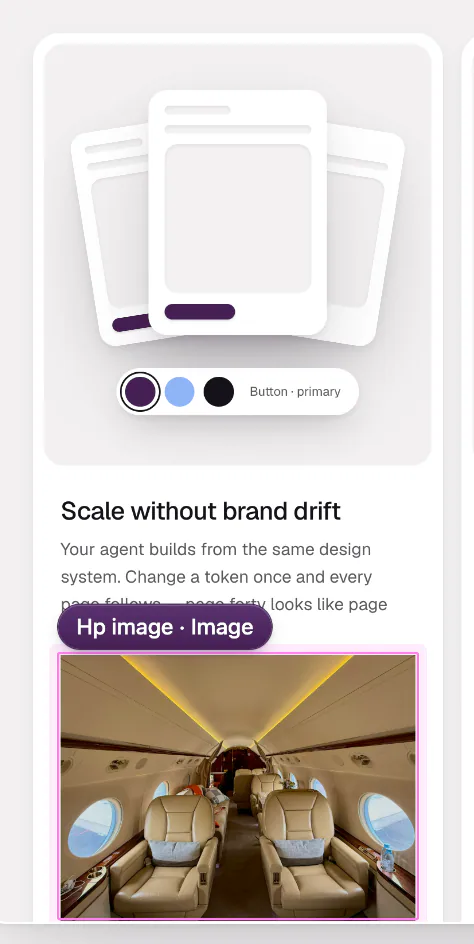 A card of the page on the canvas with a photo of a jet cabin under its title and text. The photo is selected and labelled Hp image.