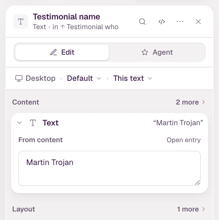 The inspector with a testimonial's author name selected. Under Content it says From content, with Open entry on the right, above a field that holds Martin Trojan.
