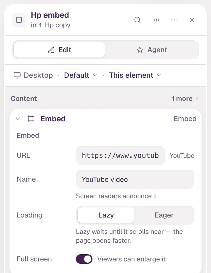 The inspector with the embed selected: the YouTube embed address, a Name field, Loading and Full screen.