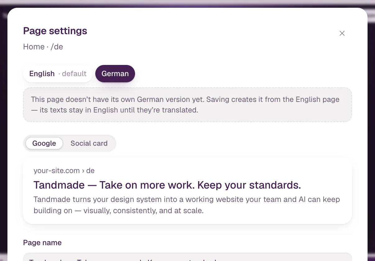 Page settings with English and German chips at the top, German selected.
