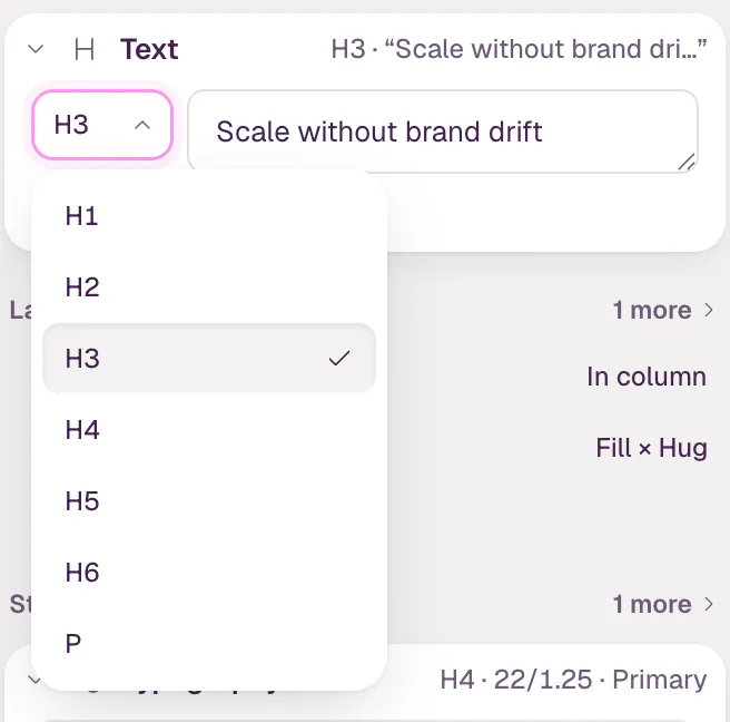 The Text part of the inspector for a card title. The heading level menu next to the text is open and lists H1 to H6 and P, with H3 checked.