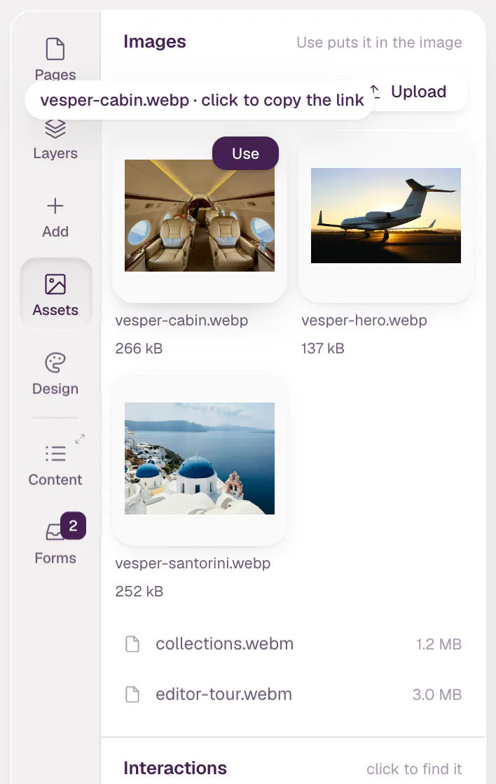 The Assets panel with three images and two video files. The pointer is on the first image, which shows a Use button.