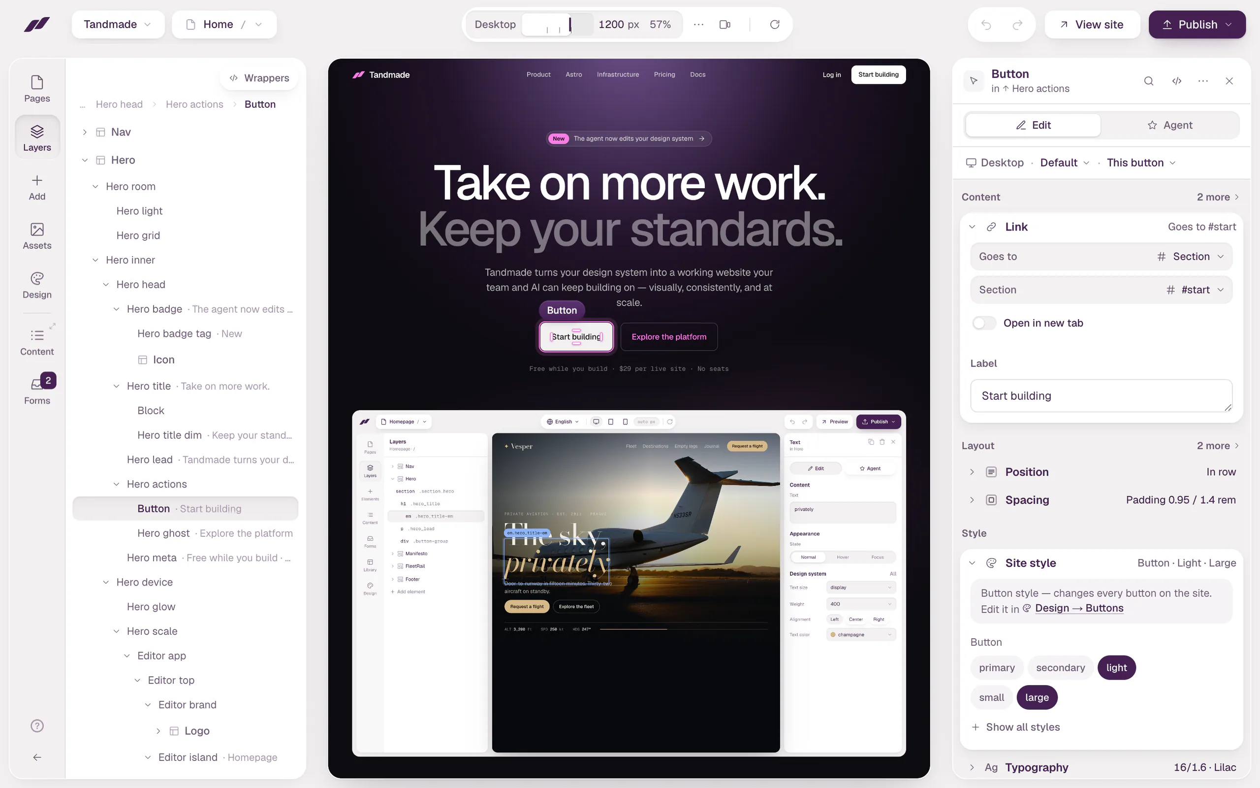 The Tandmade editor with a site's homepage open. A bar runs across the top, the page's layers fill the left panel, the live site is in the middle and the inspector on the right shows the selected button.