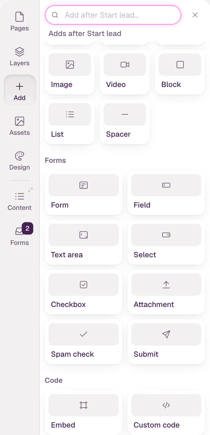 The Add panel with the Forms group: Form, Field, Text area, Select, Checkbox, Attachment, Spam check and Submit.