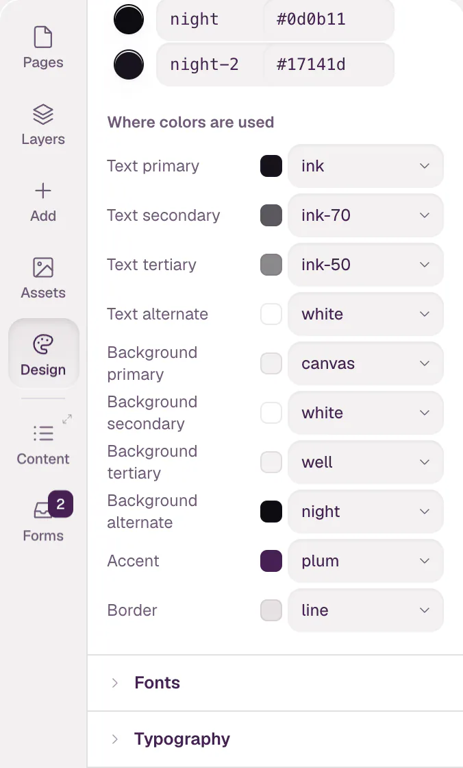 The Where colors are used list: Text primary is ink, Text secondary ink-70, Background primary canvas, Background alternate night, Accent plum and Border line.