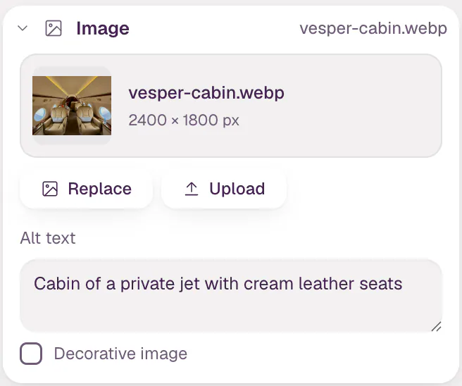 The Image part of the inspector: a thumbnail of vesper-cabin.webp, 2400 × 1800 px, Replace and Upload buttons, an Alt text field describing the cabin, and a Decorative image checkbox.