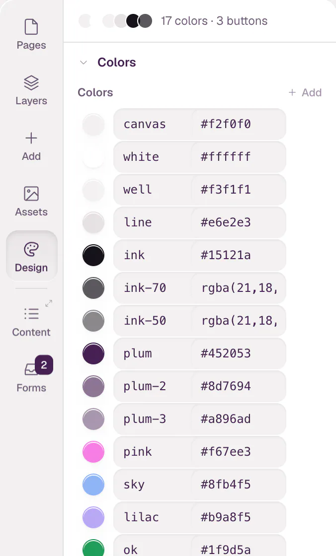 The Design panel with the Colors group open: a palette of named colors such as canvas, white, ink, plum and pink, each with its value.