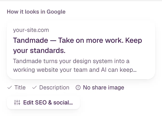 The inspector with nothing selected: How it looks in Google with the page's title and description, checks reading Title, Description and No share image, and the Edit SEO & social… button.