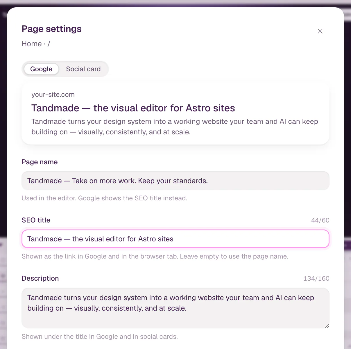 Page settings for the homepage. A new SEO title is typed in, the Google preview at the top shows it, and the counter next to SEO title reads 44/60.