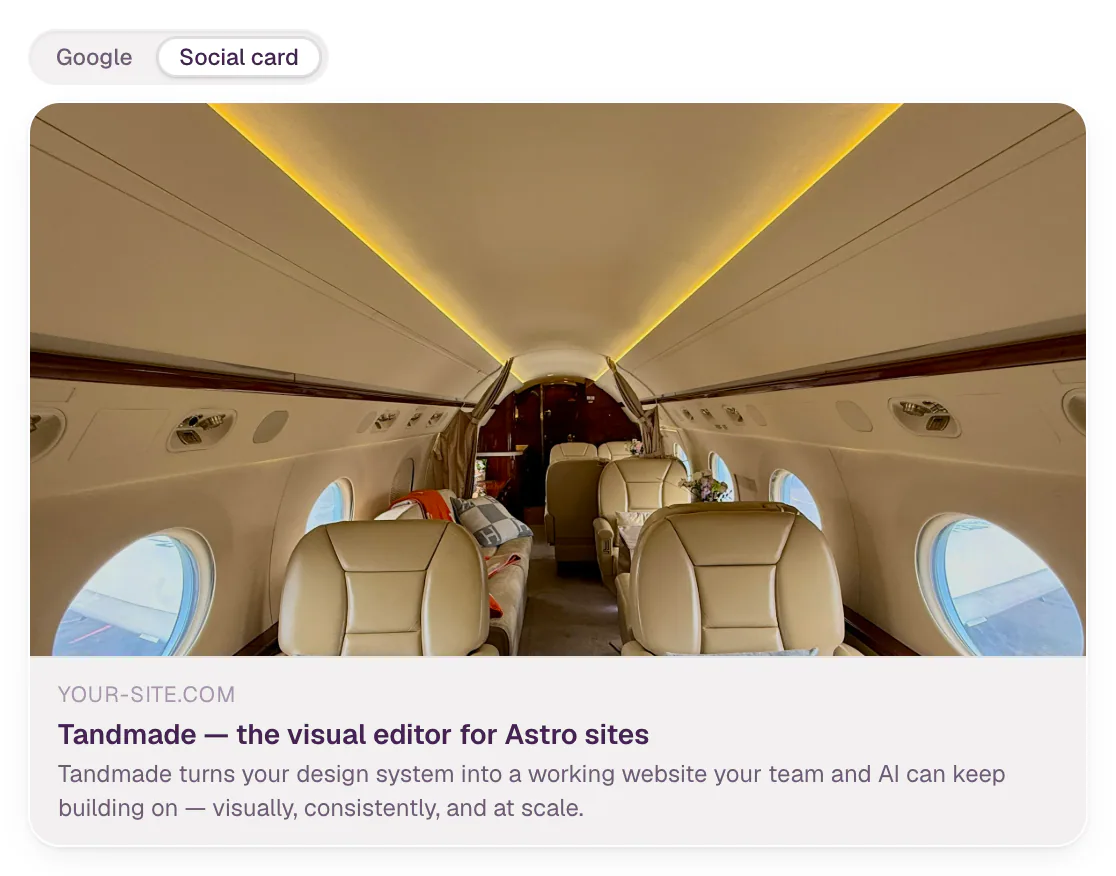 The Social card preview in Page settings: the chosen image above the site address, the page title and the description.