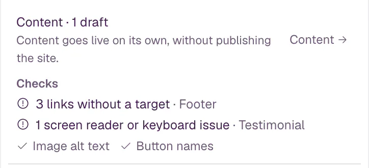The lower part of the publish panel: Content · 1 draft with a link to Content, and Checks listing links without a target and a screen reader issue, with passed checks ticked below.
