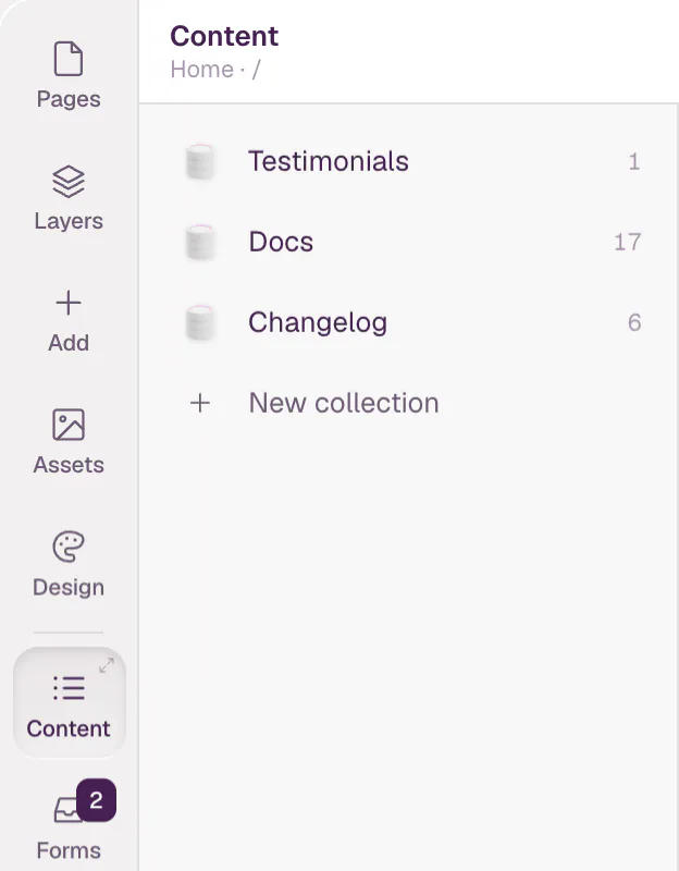 The Content area open full width. On the left are the collections Testimonials, Docs and Changelog with their item counts, and New collection below them.
