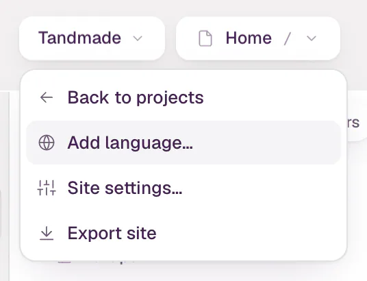 The site menu open under the site's name, with Back to projects, Add language…, Site settings… and Export site.