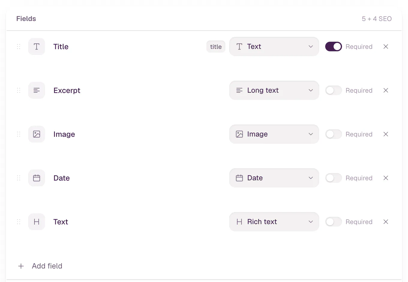 The field list of a new Blog collection: Title marked as the title field and required, then Excerpt, Image, Date and Text with their types.