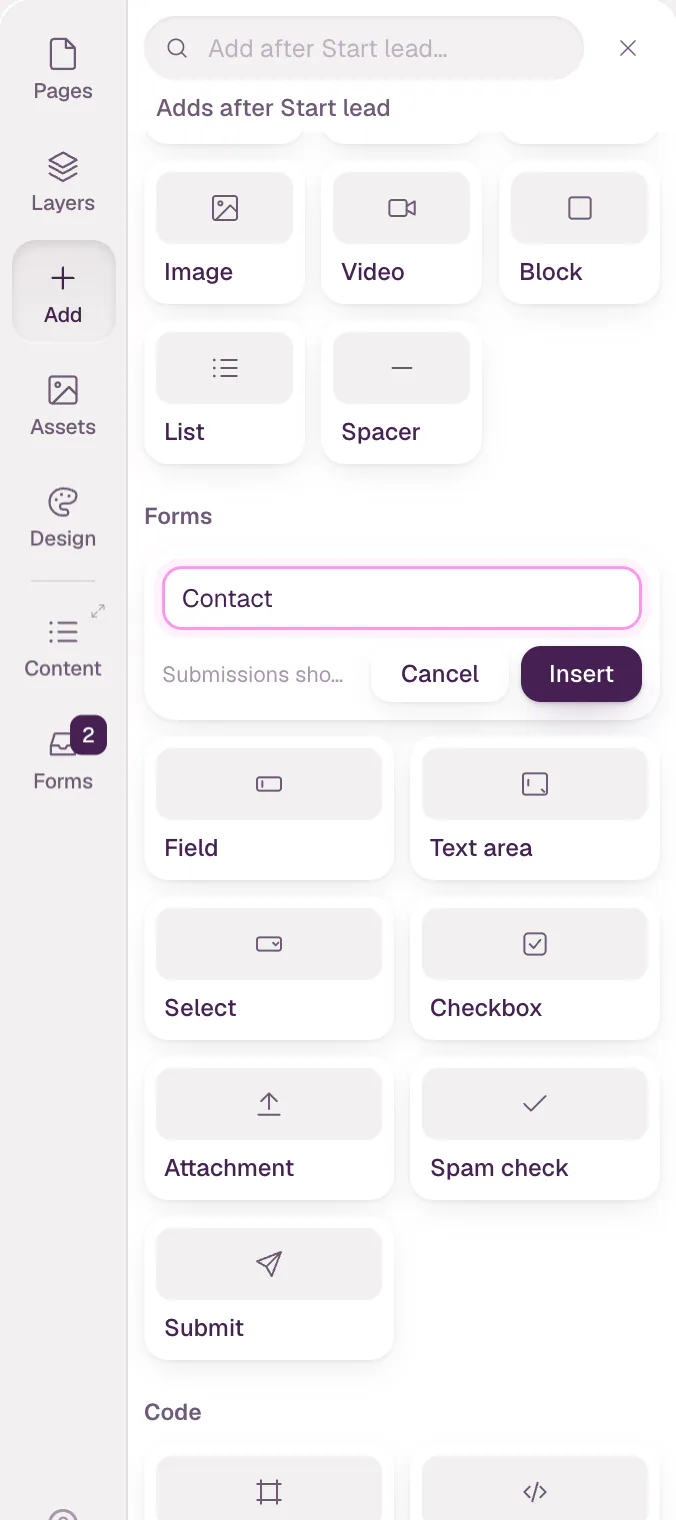 The Form tile open with the name Contact typed in, a note about where its submissions show up, and the Cancel and Insert buttons.