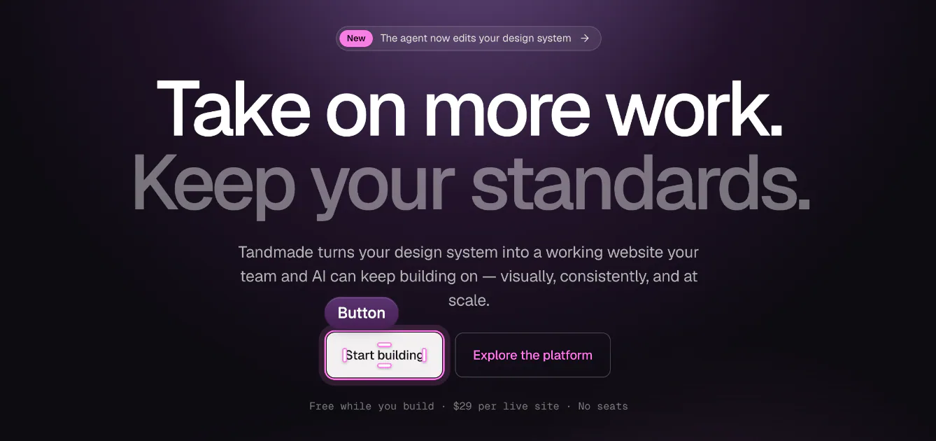 The Start building button selected on the canvas, with a Button label above it.