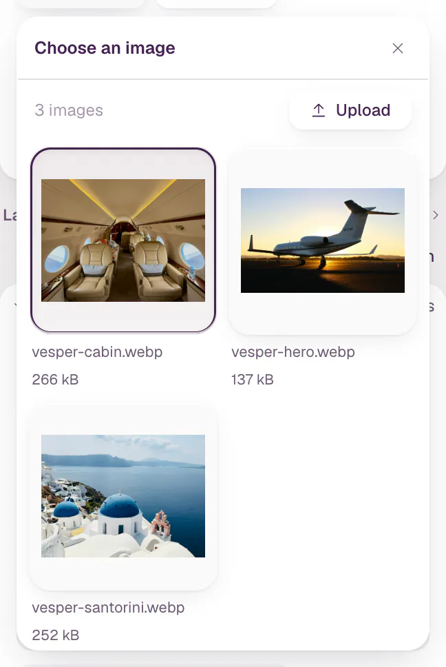 The Choose an image window with the site's images as thumbnails: a jet cabin, a jet at sunset and Santorini.