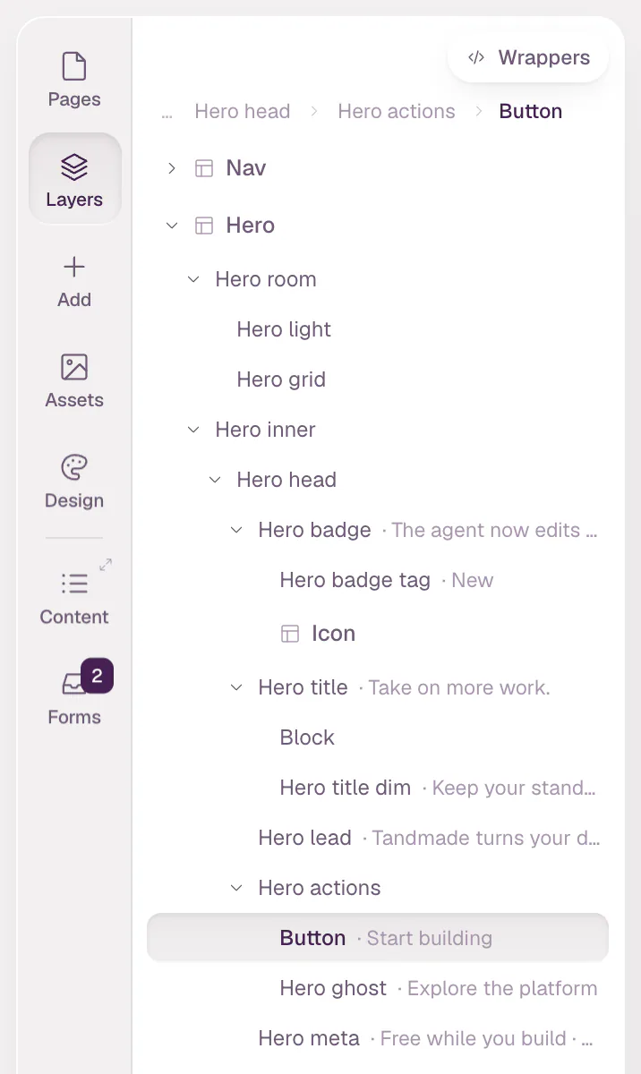 The Layers panel opened down to the selected button, its row highlighted under Hero actions.