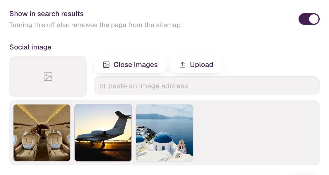 The lower part of Page settings: the Show in search results switch turned on, and Social image with the site's images open to pick from.