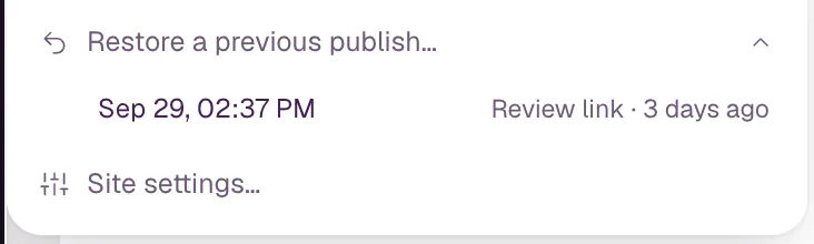 Restore a previous publish… opened in the publish panel, listing one earlier publish to the review link.