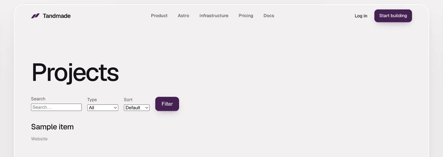 A new Projects collection's list page on the canvas: the heading Projects, a search field, a Type filter, a sort menu, a Filter button, and the sample item below.