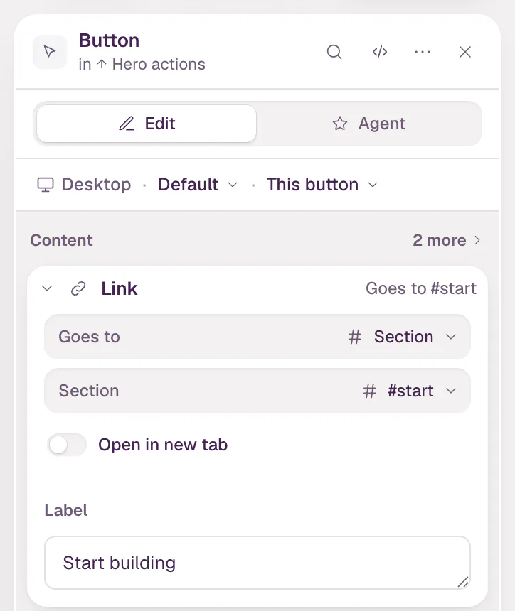 The inspector with a button selected: its name and parent at the top, the Edit and Agent switch, and a row that reads Desktop, Default, This button.