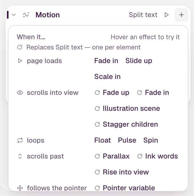 The Add motion catalog: When it… page loads — Fade in, Slide up, Scale in; scrolls into view — Split text, Illustration scene; loops — Float, Pulse, Spin; scrolls past — Parallax; and From this site with the site's own interactions.