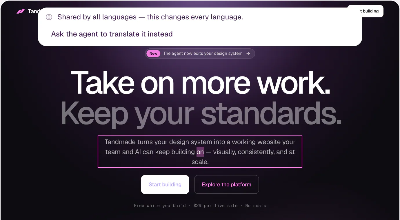 A note above the canvas: Shared by all languages — this changes every language, with the button Ask the agent to translate it instead.