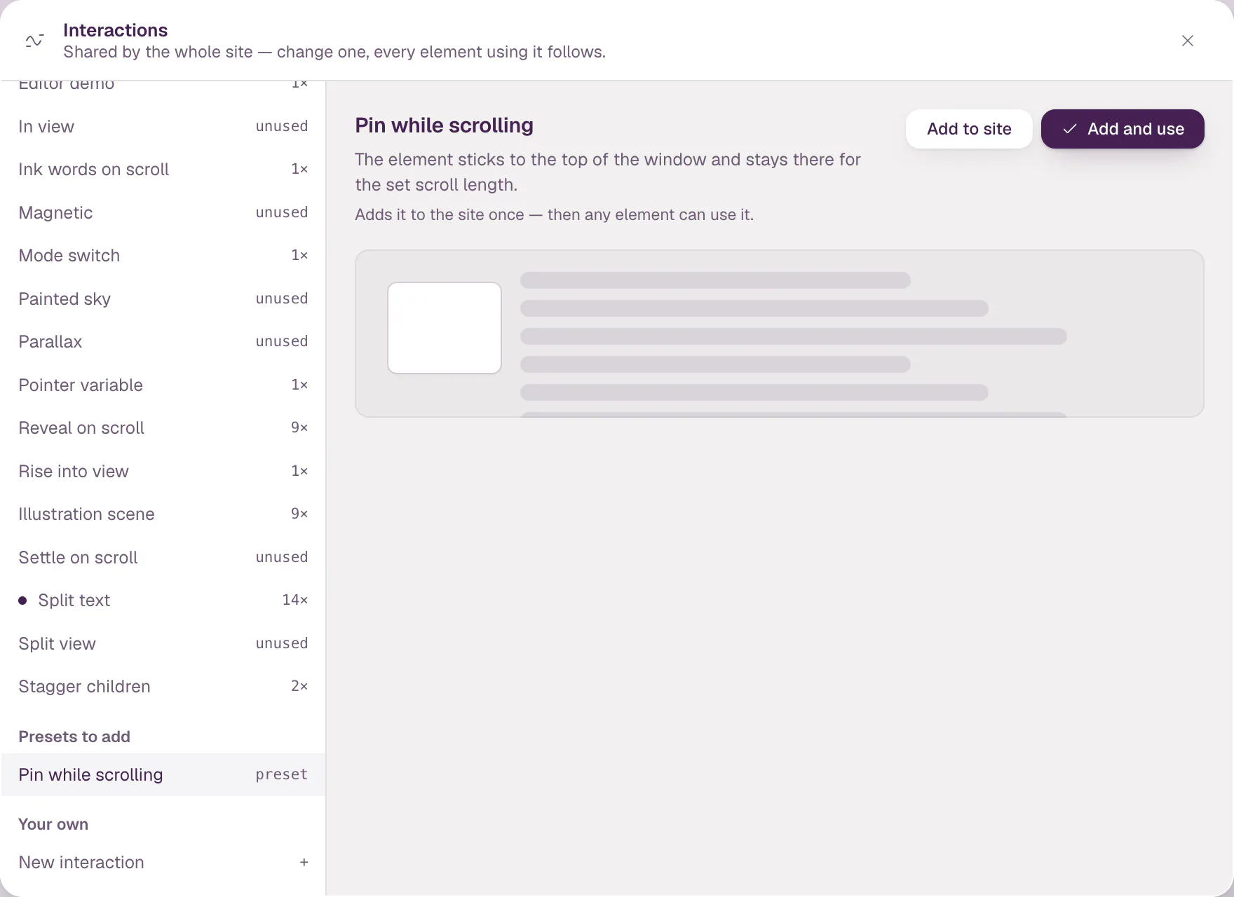 The Interactions dialog with the preset Pin while scrolling selected: a description, Add to site and Add and use. The list on the left shows the site's interactions with use counts, such as Reveal on scroll 9× and Split text 14×.