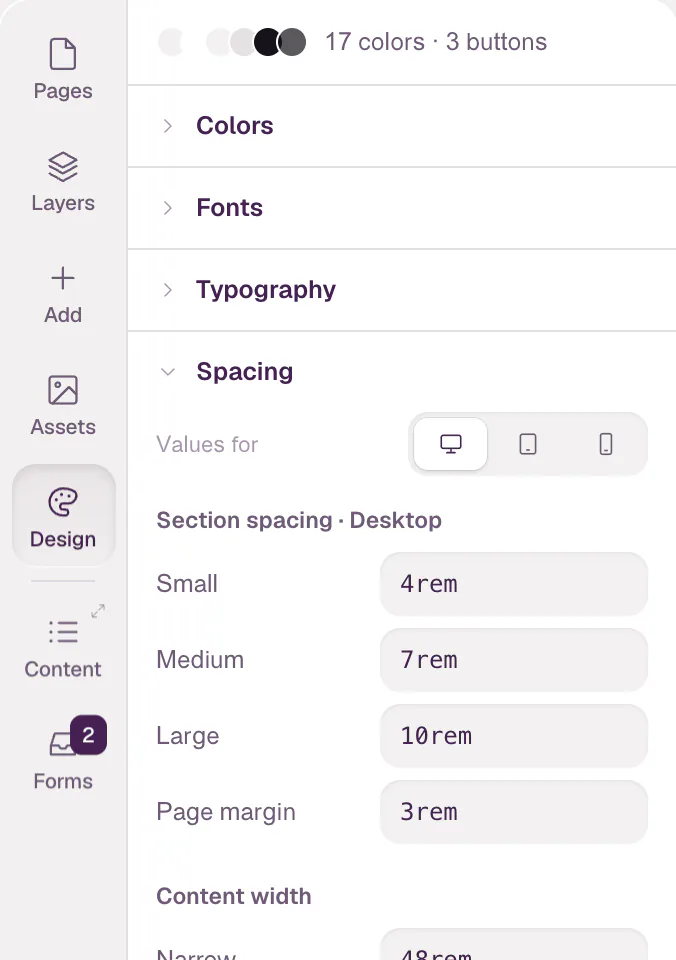 The Spacing group with Values for set to Desktop: Section spacing Small 4rem, Medium 7rem, Large 10rem, Page margin 3rem, and Content width Narrow 48rem, Medium 64rem, Wide 80rem.