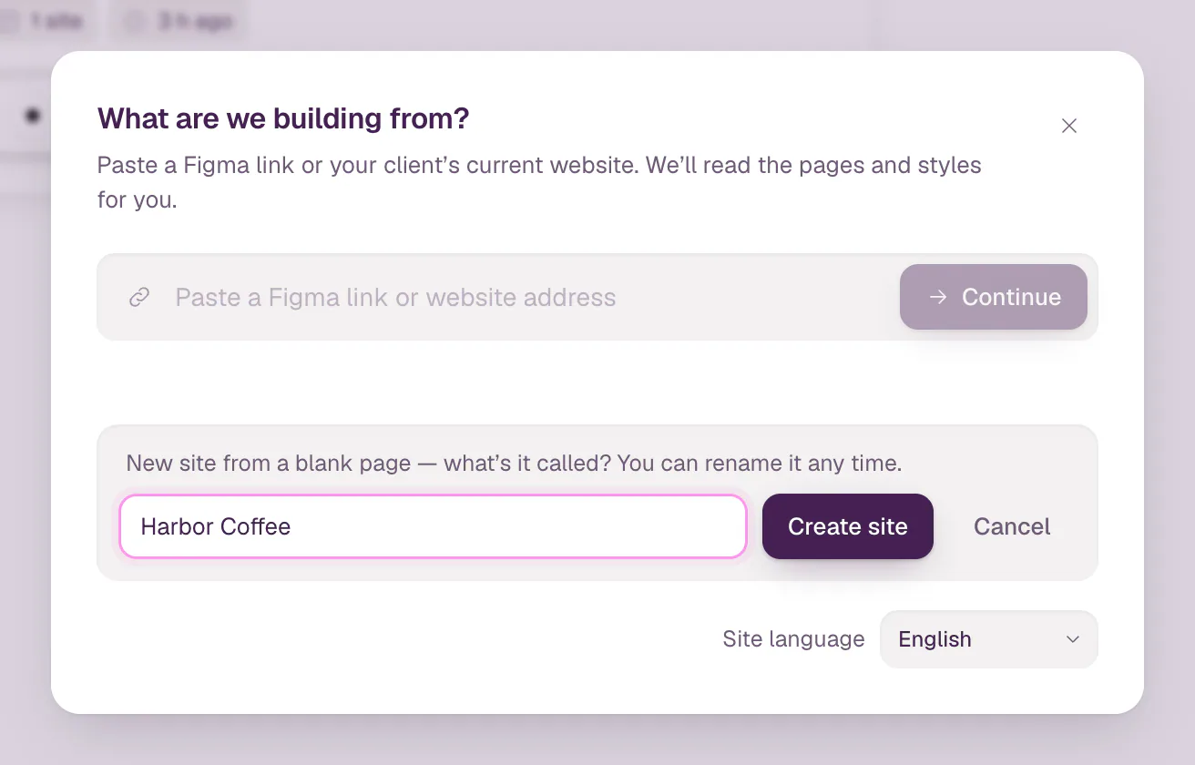 The dialog asks "New site from a blank page — what's it called?" with a filled-in site name, a Create site button and Cancel.
