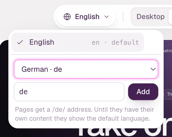 The language menu with German · de chosen in the list, a field for a language code and the Add button, above a note that pages get a /de/ address.