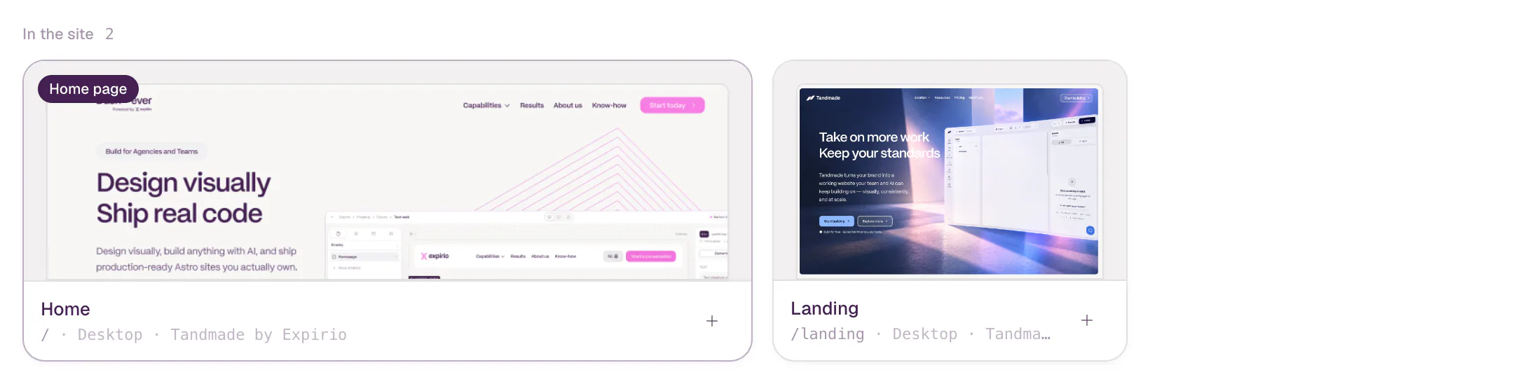 Two page cards proposed from the Figma file, Home and Landing, each with a preview of its frame. Home is marked Home page.