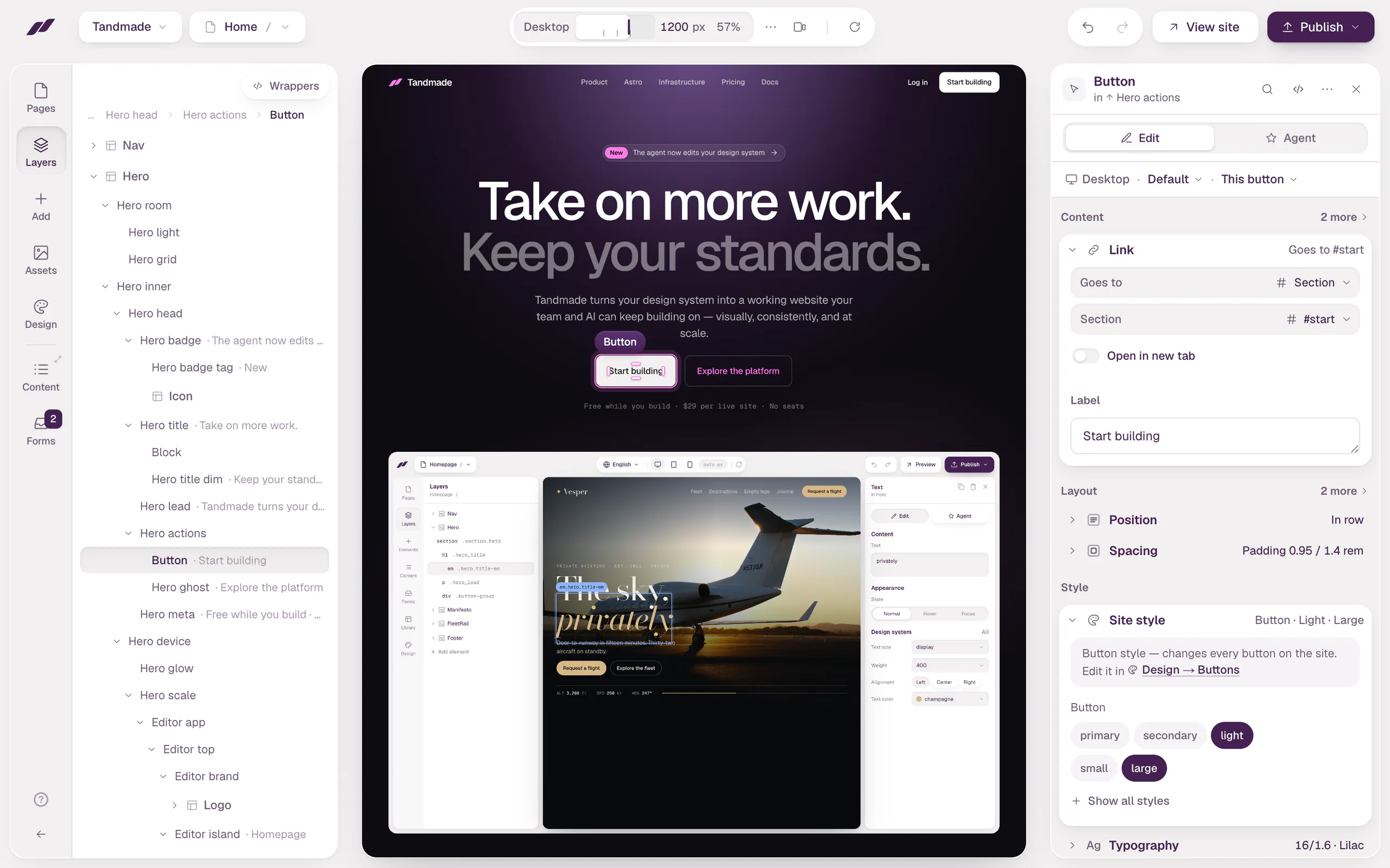 The Tandmade editor with a site's homepage open on the canvas. A button is selected; the Layers panel on the left highlights it and the inspector on the right shows its settings, with Edit and Agent at the top.